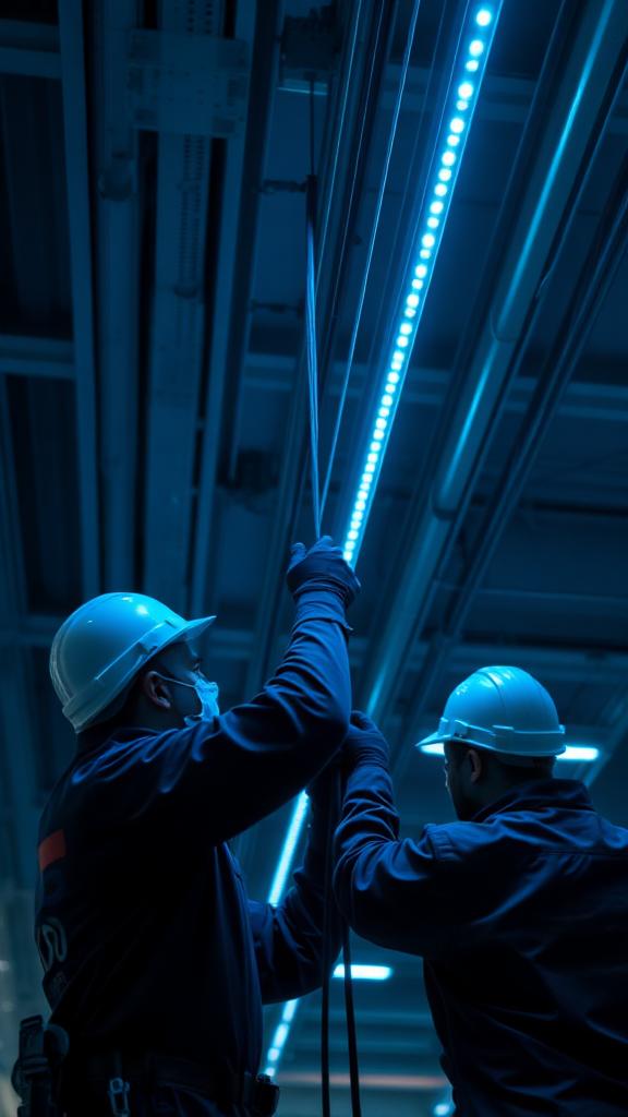 Technicians pulling cable through a commercial building.